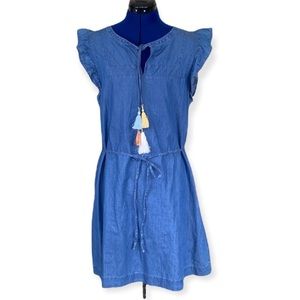 Loft L Denim Cotton Short Sleeves V-Neck Tassel Tie Belted Dress